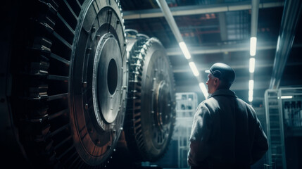 Obraz na płótnie Canvas Industrial Engineer Inspecting Large Electric Motor - Close-up View from Behind created by Generative AI