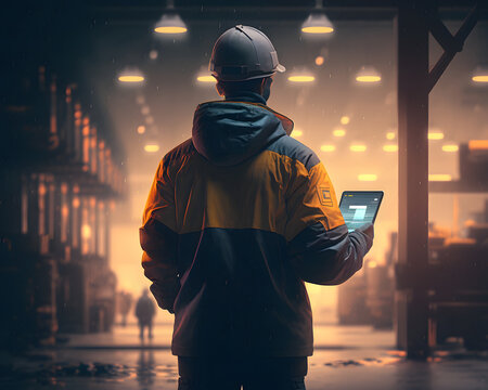 Warehouse worker supervising, wearing hard hat and reflective jacket, back view, holding ipad