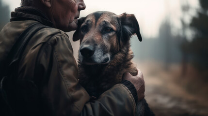 Elderly man embracing his senior dog with love and care, generative AI