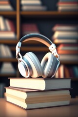 White Headphones on top of books 
