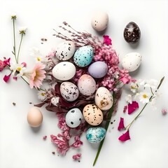 Fototapeta na wymiar Easter eggs and flowers on white background