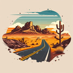 A road leading to the mountains across a dry desert. Generative AI.