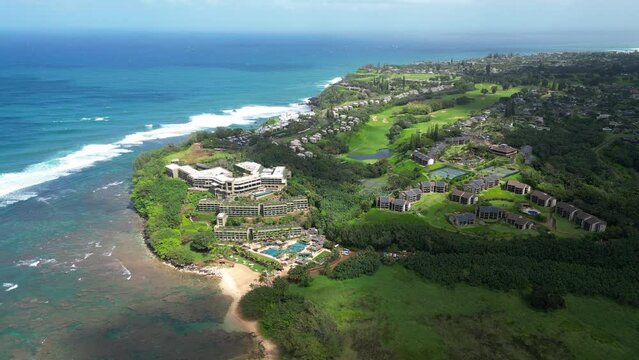 Aerial view of Princeville Hanalei Bay Coastline Kauai island Hawaii