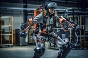 Person wearing an exoskeleton suit, with AI generated - obrazy, fototapety, plakaty