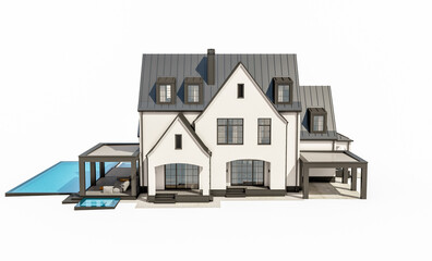 3d rendering of cute cozy white and black modern Tudor style house with parking  and pool for sale or rent with beautiful landscaping. Fairy roofs. Isolated on white