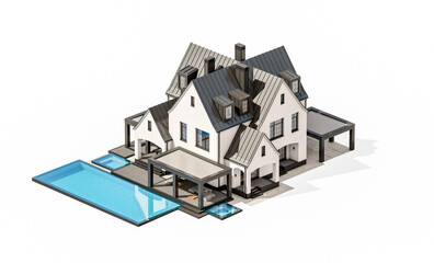 3d rendering of cute cozy white and black modern Tudor style house with parking  and pool for sale or rent with beautiful landscaping. Fairy roofs. Isolated on white