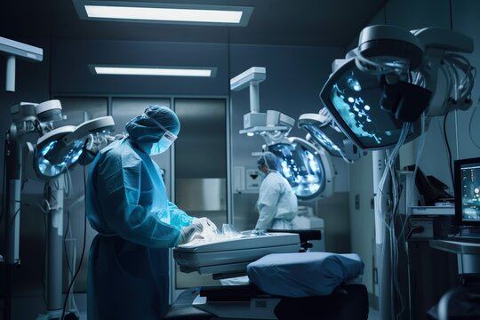 People working with Robotic surgeon, Future technology medicine