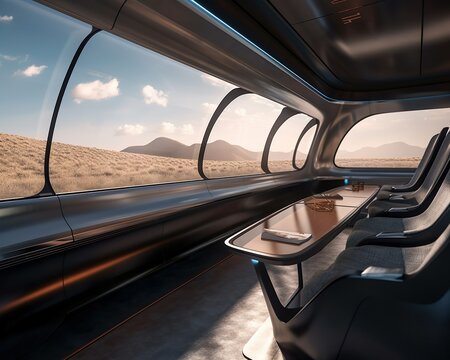 Transportation of the future in a futuristic hyperloop train