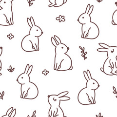 Line rabbits and flowers background