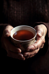 Front view close up of woman hands holding a cup of tea. Shadow photography style