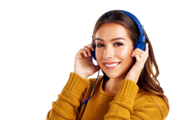 Music, headphones and smiling woman portrait to listen to online podcast for happiness and relaxing. Isolated, png background and female with joy streaming digital audio, radio song online