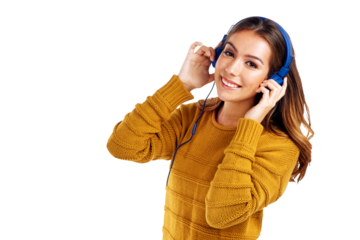Music, portrait and happy woman dancing with headphones while isolated on a transparent, png background. Happiness, joy and female listen to online radio and audio streaming to relax on a break