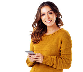 Portrait, phone and smiling woman scrolling the internet searching for good news while isolated on...