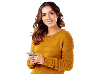 Portrait, phone and smiling woman scrolling the internet searching for good news while isolated on a transparent, png background. Meme, face and happy female with her cellphone for social media