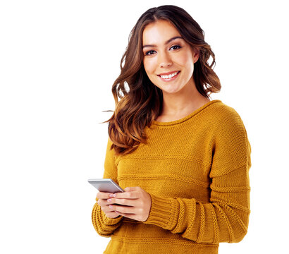 Portrait, phone and smiling woman scrolling the internet searching for good news while isolated on a transparent, png background. Meme, face and happy female with her cellphone for social media