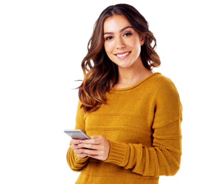 Portrait, phone and smiling woman scrolling the internet searching for good news while isolated on a transparent, png background. Meme, face and happy female with her cellphone for social media