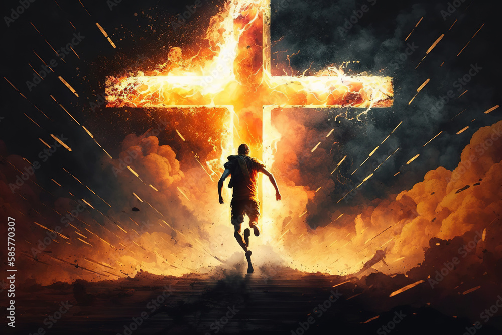 Wall mural man running into cross easter sunday special generative ai