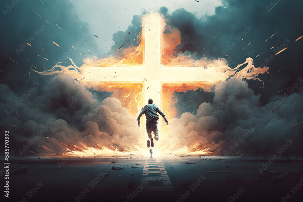 Wall mural man running into cross easter sunday special generative ai