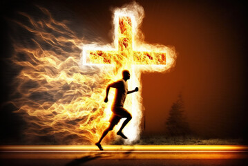 Man Running Into Cross Easter Sunday Special Generative AI - obrazy, fototapety, plakaty