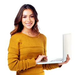 Portrait, laptop and happy woman browsing the internet for a creative work report while isolated on a png background. Smile, computer and a professional female typing for a digital online search