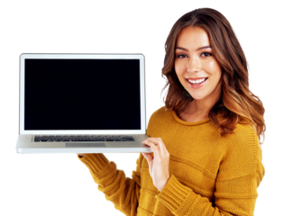 Portrait, blank laptop and woman searching online for internet research with a smile. Mockup computer screen, smiling female student and digital search while isolated on a png background