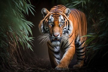 Bengal Tiger Prowls Through Dense Jungle Undergrowth, Striking Orange Fur and Black Stripes Blending into Shadows by Generative AI