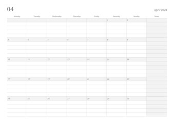 April 2023 simple design digital and printable calendar template illustration. Notes, scheduler, diary, calendar, memo, planner document template background. 