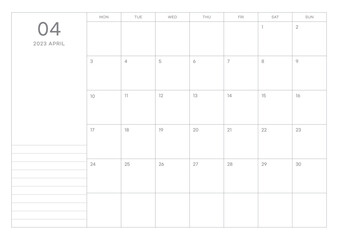 April 2023 simple design digital and printable calendar template illustration. Notes, scheduler, diary, calendar, memo, planner document template background. 