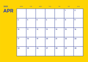 April 2023 simple design digital and printable calendar template illustration. Notes, scheduler, diary, calendar, memo, planner document template background. 