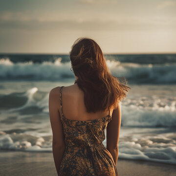 Woman looking at the sea, Travel, Vacation, Relax, Generative AI