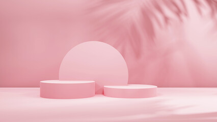 3d cylindrical podium stage with palm leafs shadows and beautiful light for cosmetic products and advertising, 3d white minimal abstract background for product display presentation showcase