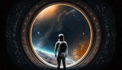 Spaceman in a spacesuit stands in front of spaceship circle window. Postproducted generative AI digital illustration.