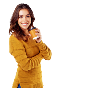 Coffee, drink and portrait of a happy woman relaxing with on a png, transparent background while feeling calm. Peace, tea and hot beverage with a smiling female drinking a takeaway latte - Powered by Adobe