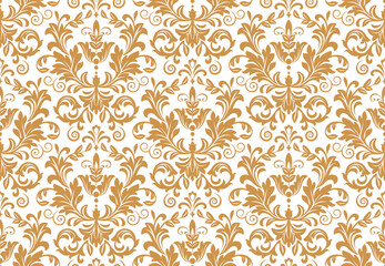 Plakat Wallpaper in the style of Baroque. Seamless vector background. White and gold floral ornament. Graphic pattern for fabric, wallpaper, packaging. Ornate Damask flower ornament
