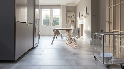 Contemporary Kitchen Design with Gray Marble Tile Floor and Reeded Glass Panel Folding Door Created Using Generative AI