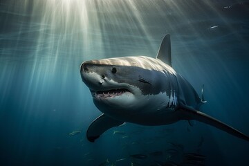 Naklejka premium Close-up of Great White Shark, Capturing Power and Menace in Every Detail by Generative AI
