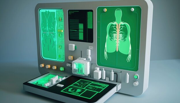 Modern and functioning medical screening technology at laboratory. Postproducted generative AI digital illustration.