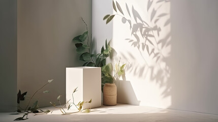 Fresh and Modern: White Podium with Plant Twig for Beauty Products Created Using Generative AI