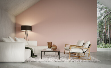 Modern minimalistic loft apartment with empty pink wall background. Luxury home living room. 3D...