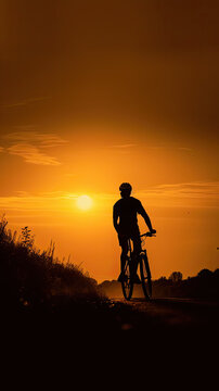 Golden Hour Cycling: Silhouette Riding into the Sunset Created Using Generative AI