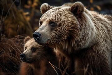 Obraz premium Grizzly Bear Tenderly Grooms Cubs, Large Paws Cleaning Fur and Removing Debris with Care by Generative AI