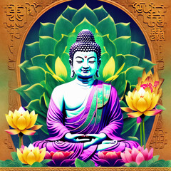 Obraz premium vesak, buddhist holiday, buddhism, buddha in a lotus prays in the universe