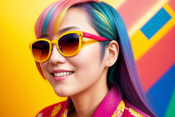 Portrait of an young asian woman with colorful hair and sunglasses on abstract painted background, summer vibrancy. Generative AI.