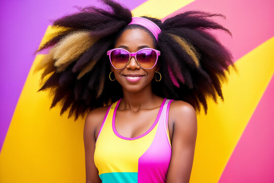 Portrait of an young african american woman with sunglasses on abstract painted background, summer vibrancy. Generative AI.