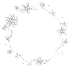 Satin flowers and pearls on a white background. Decoration. Wreath. Floral background. Floral pattern. Textile. Beads. Pearl.