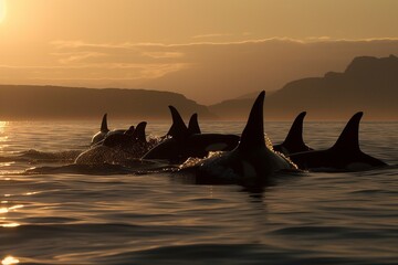 Pod of Killer Whales (Orcas) Swim Through Vast Ocean Expanse, Adults Watch Over Calves Learning to Hunt and Navigate by Generative AI