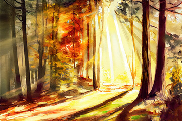 Vivid morning in colorful forest with sun rays through branches of trees. Generative Ai