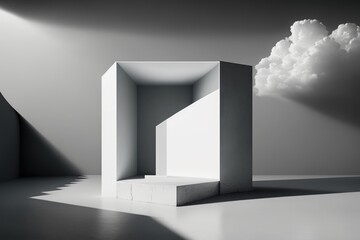 Minimalistic interior with empty podium and cloud