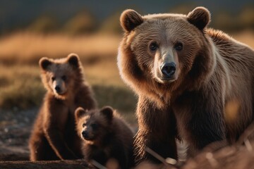 Obraz premium Grizzly Bear Tenderly Grooms Cubs, Large Paws Cleaning Fur and Removing Debris with Care by Generative AI