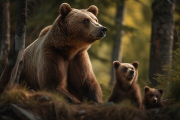 Obraz premium Grizzly Bear Tenderly Grooms Cubs, Large Paws Cleaning Fur and Removing Debris with Care by Generative AI